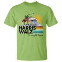 Lime green T-shirt with retro wave, palm trees, sun graphic and Harris Walz text