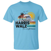 Light blue crewneck T-shirt with retro wave, palm trees, sun graphic and Harris Walz print