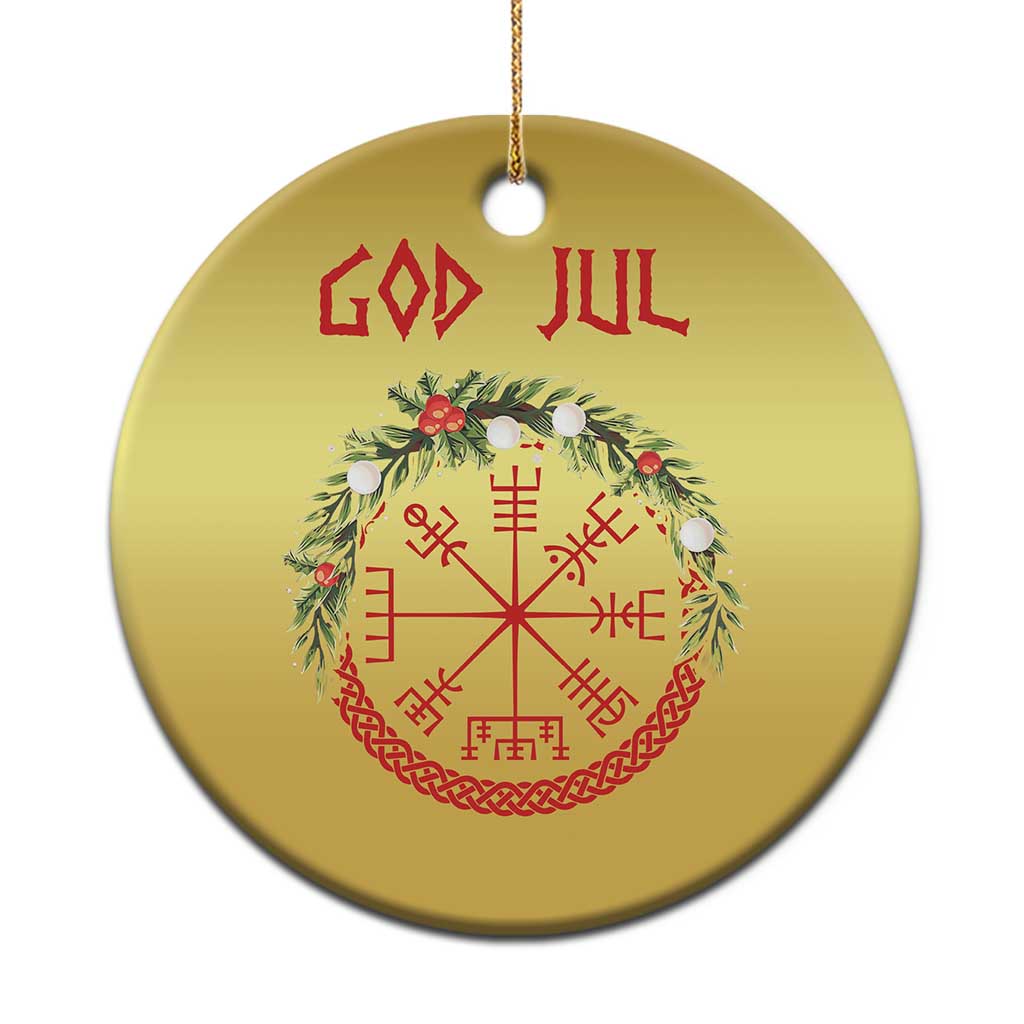 Gold round Christmas ornament with red God Jul text and Nordic wreath symbol