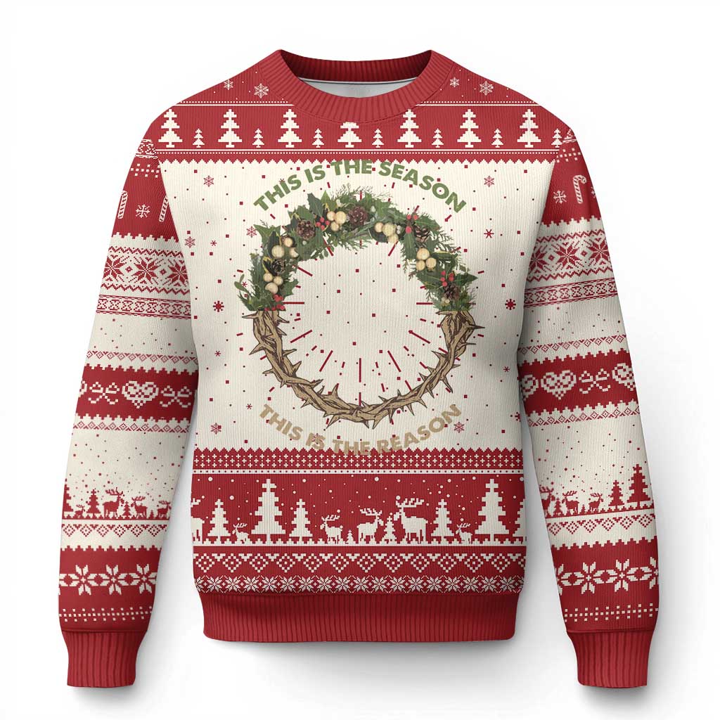 Red and white Christmas ugly sweater with wreath graphic, snowflake and tree pattern.