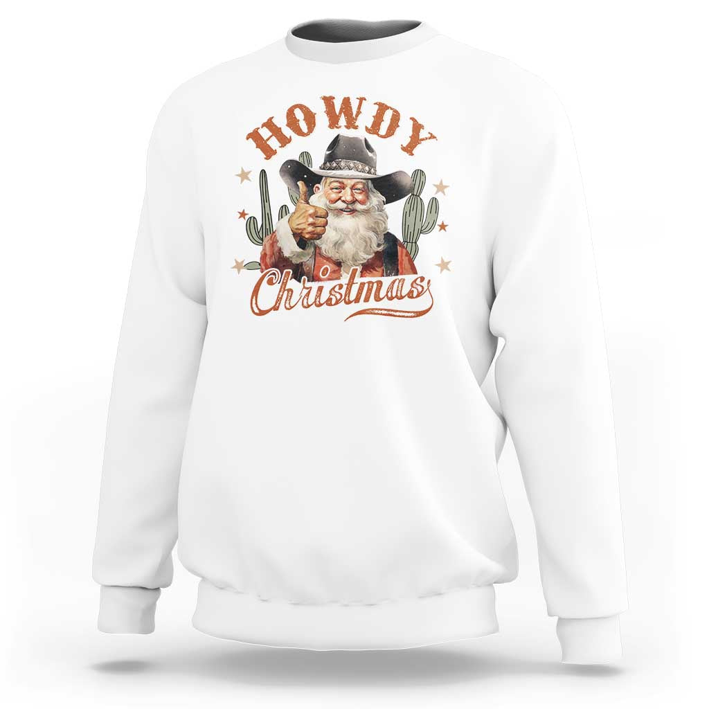 White crewneck Western Christmas sweatshirt with 'Howdy Christmas' cowboy Santa graphic