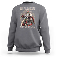 Heather gray sweatshirt with Viking skull warrior graphic and "VAL-HAL-LA" text.