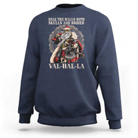 Navy sweatshirt with Viking skull warrior graphic and "VAL-HAL-LA" text.