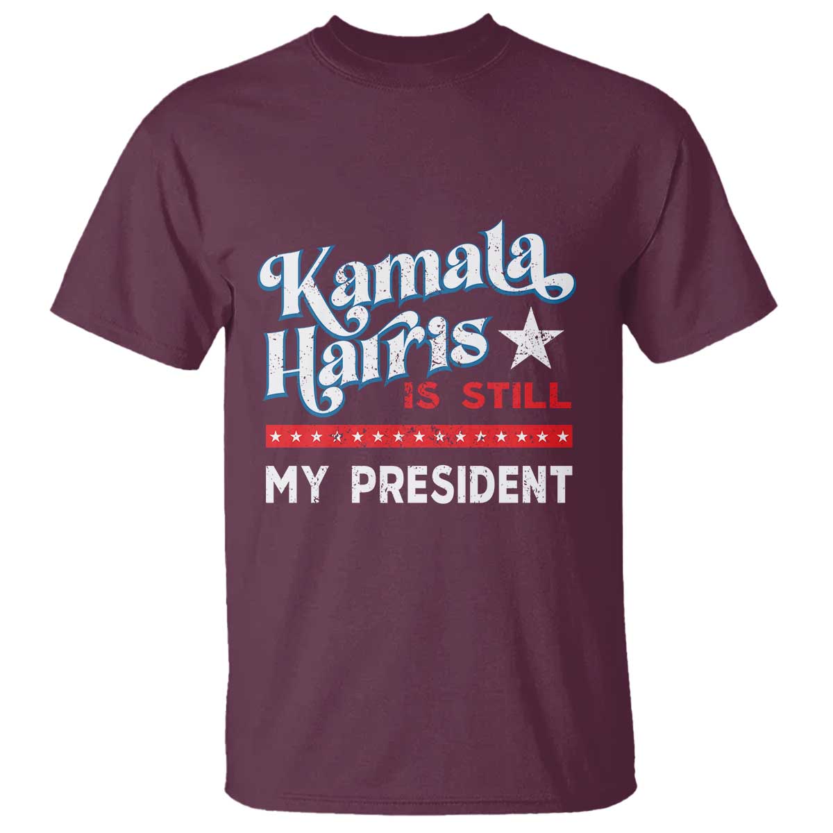 Maroon graphic t-shirt with star and 'Harris Is Still My President' print