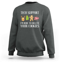 Dark heather gray crewneck Christmas sweatshirt with front "TECH SUPPORT" delete cookies graphic.