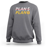 Charcoal sweatshirt with PLAN graphic and Bitcoin symbol on front