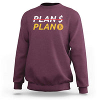Maroon sweatshirt with PLAN graphic and Bitcoin symbol on front