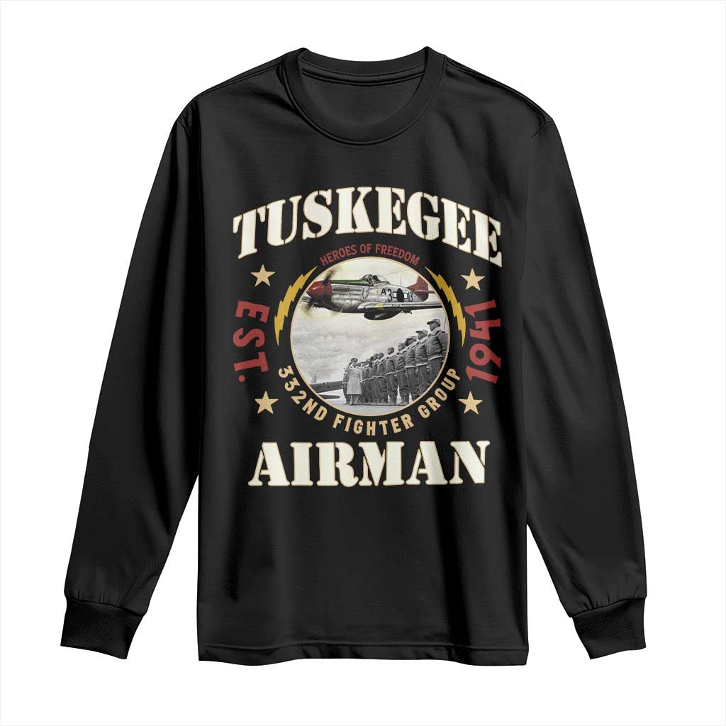 Black long sleeve T-shirt with round crew neck and front Tuskegee Airman graphic