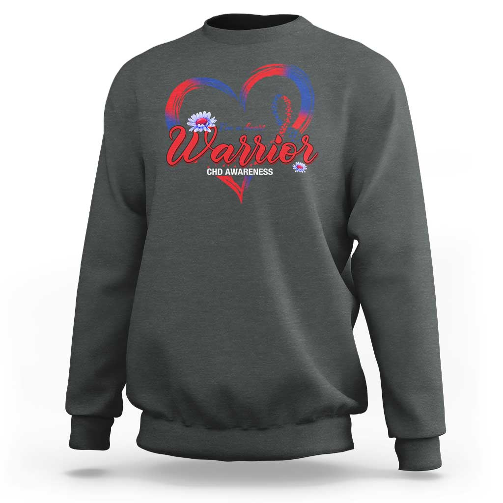 Dark heather sweatshirt with colorful heart “Warrior” graphic and CHD Awareness text