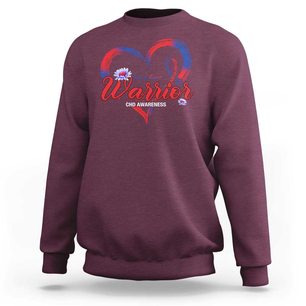 Maroon sweatshirt with colorful heart “Warrior” graphic and CHD Awareness text