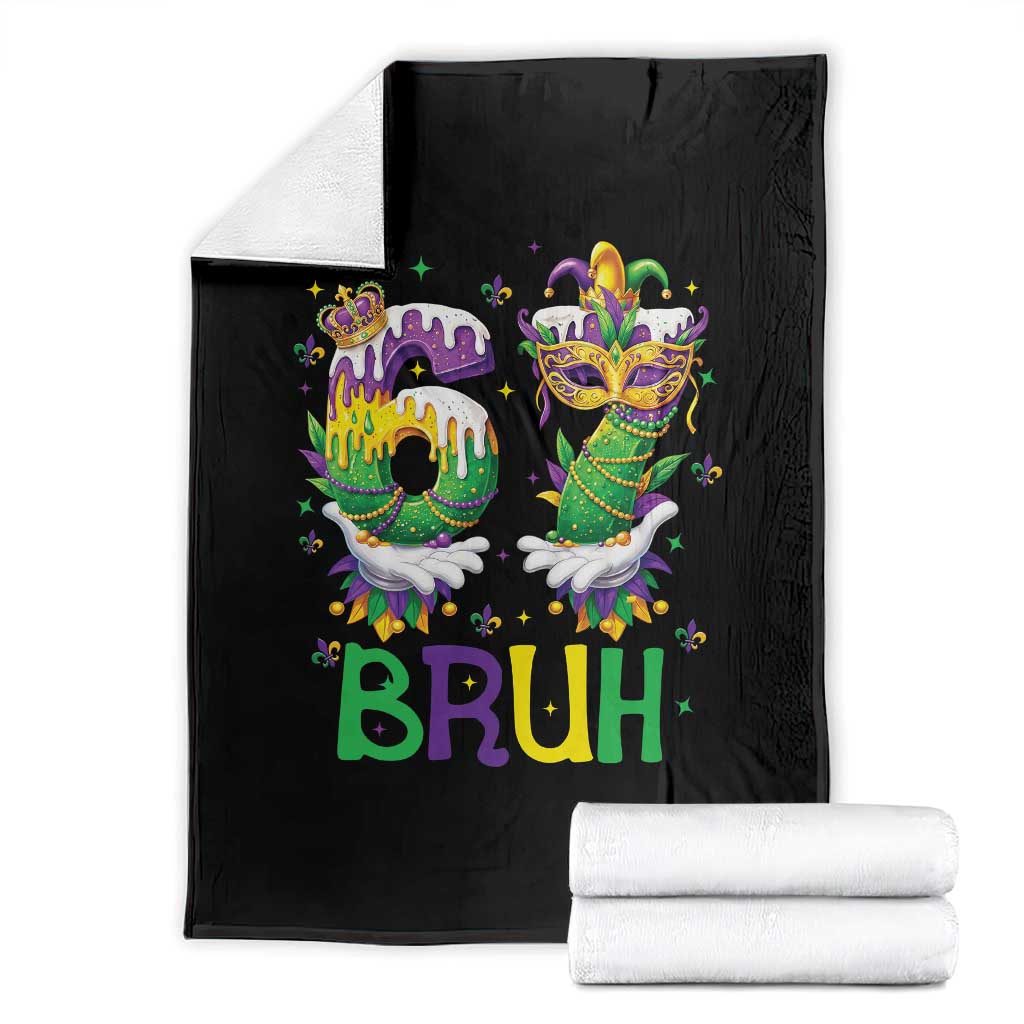 Funny 67 Mardi Gras Bruh Throw Blanket Six Seven Meme Fleur De Lis Hand Gesture