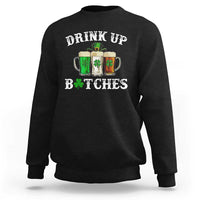 Black crewneck sweatshirt with 'DRINK UP B*TCHES' beer mugs graphic