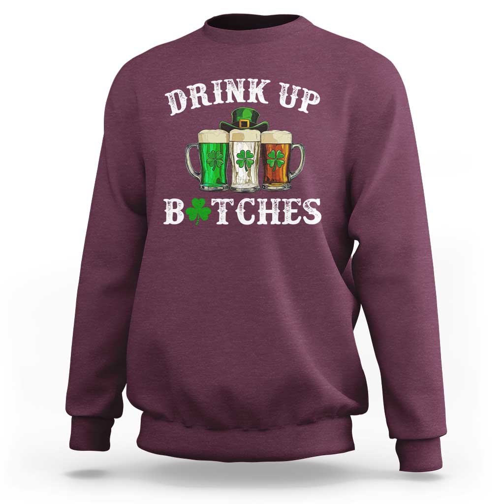 Maroon crewneck sweatshirt with 'DRINK UP B*TCHES' beer mugs graphic