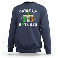 Dark blue crewneck sweatshirt with 'DRINK UP B*TCHES' beer mugs graphic