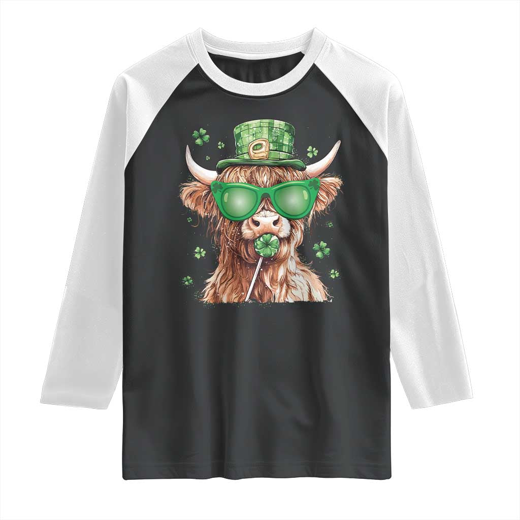 Funny St Patrick's Day Highland Cow Shamrock Raglan Shirt