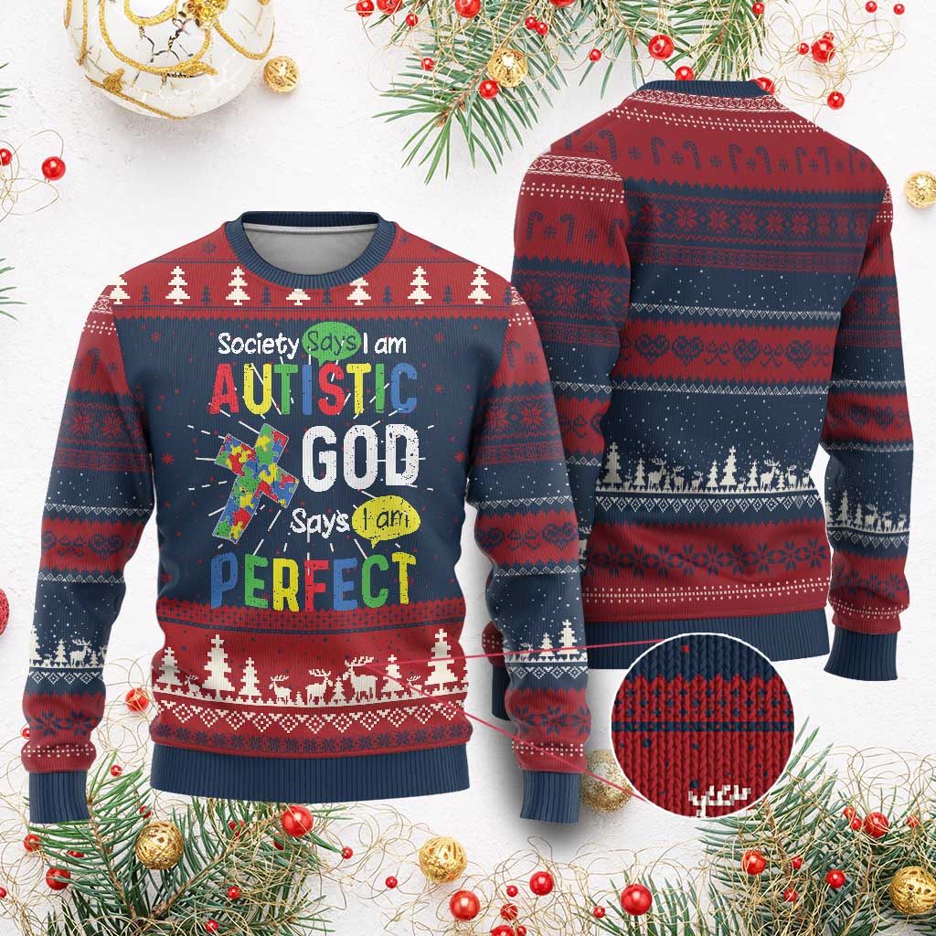 Society Says I Am Autistic God Says I Am Perfect Knitted Sweatshirt Autism Awareness - Wonder Print Shop