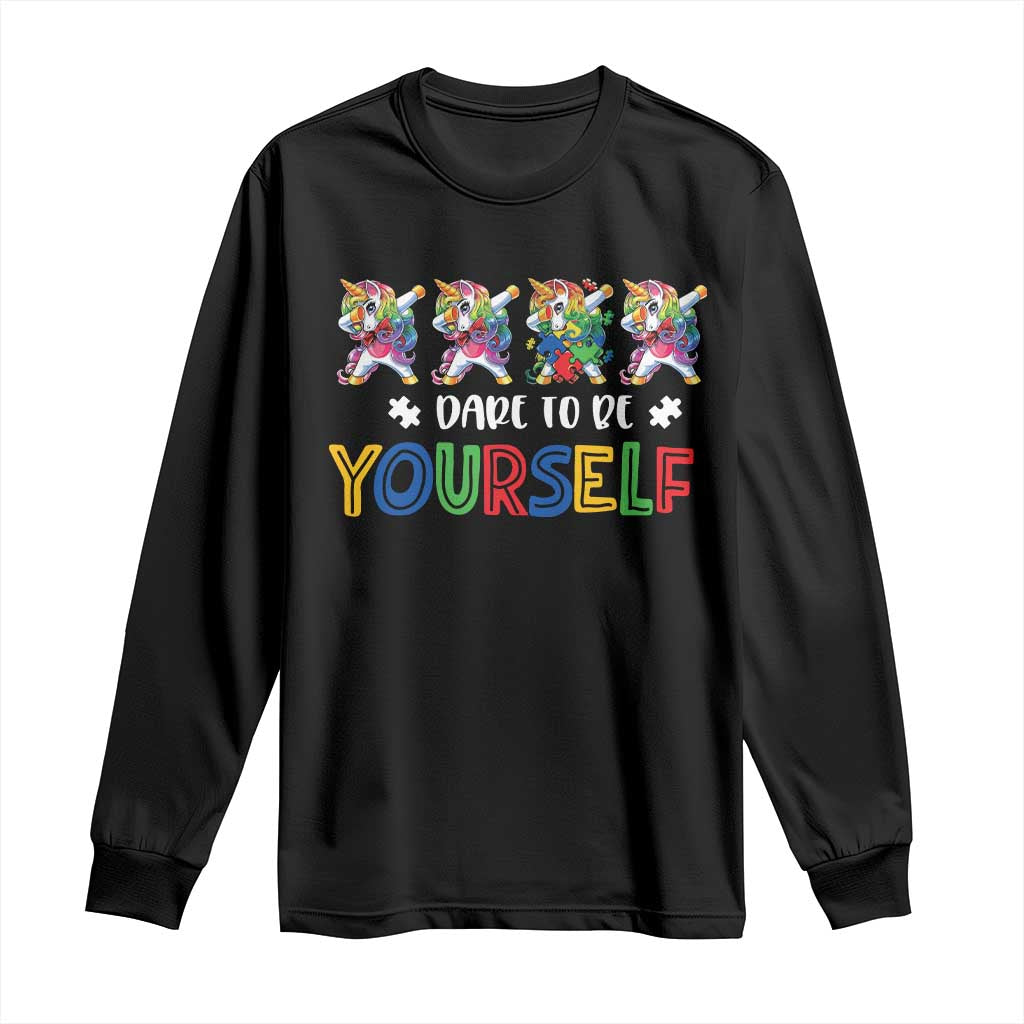 Black long-sleeve T-shirt with dabbing unicorn graphic and "Dare to be yourself" text