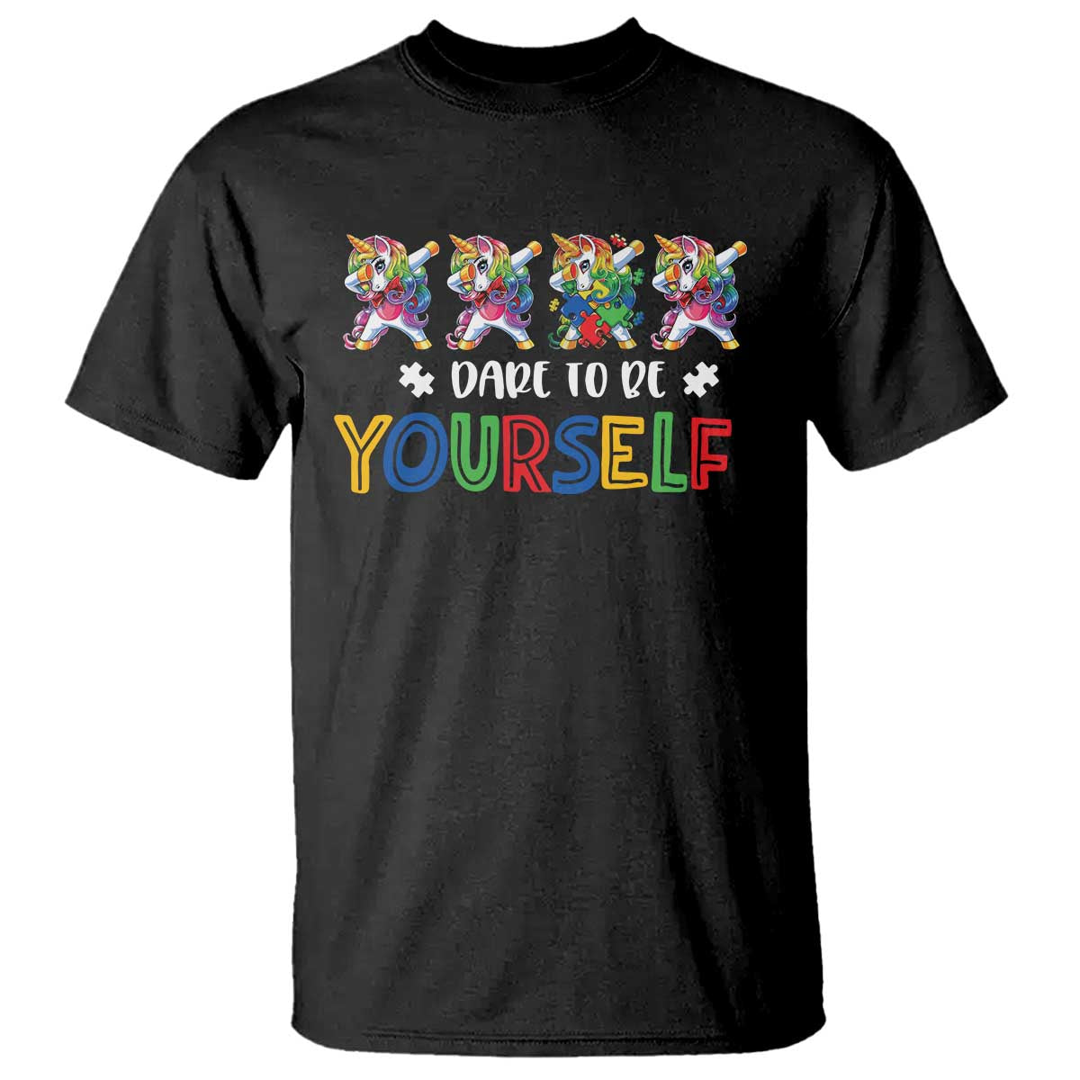 Black crewneck T-shirt with colorful unicorns and 'Dare To Be Yourself' print