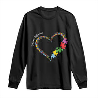 Black long-sleeve shirt with autism awareness heart and colorful puzzle-piece graphic