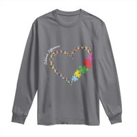 Dark heather long-sleeve shirt with autism awareness heart and colorful puzzle-piece graphic