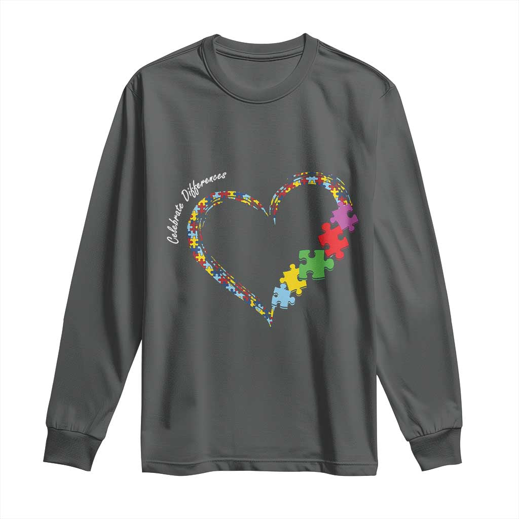 Charcoal long-sleeve shirt with autism awareness heart and colorful puzzle-piece graphic