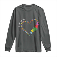 Charcoal long-sleeve shirt with autism awareness heart and colorful puzzle-piece graphic