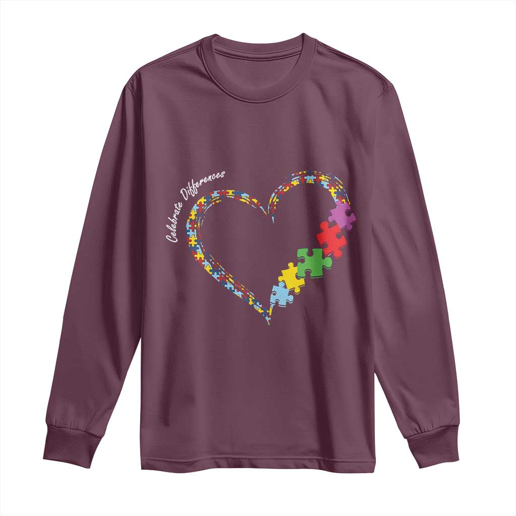 Maroon long-sleeve shirt with autism awareness heart and colorful puzzle-piece graphic