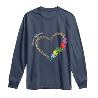Navy long-sleeve shirt with autism awareness heart and colorful puzzle-piece graphic