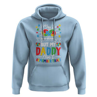 Light blue pullover hoodie with autism puzzle graphic and dad quote 'Non-Verbal'.