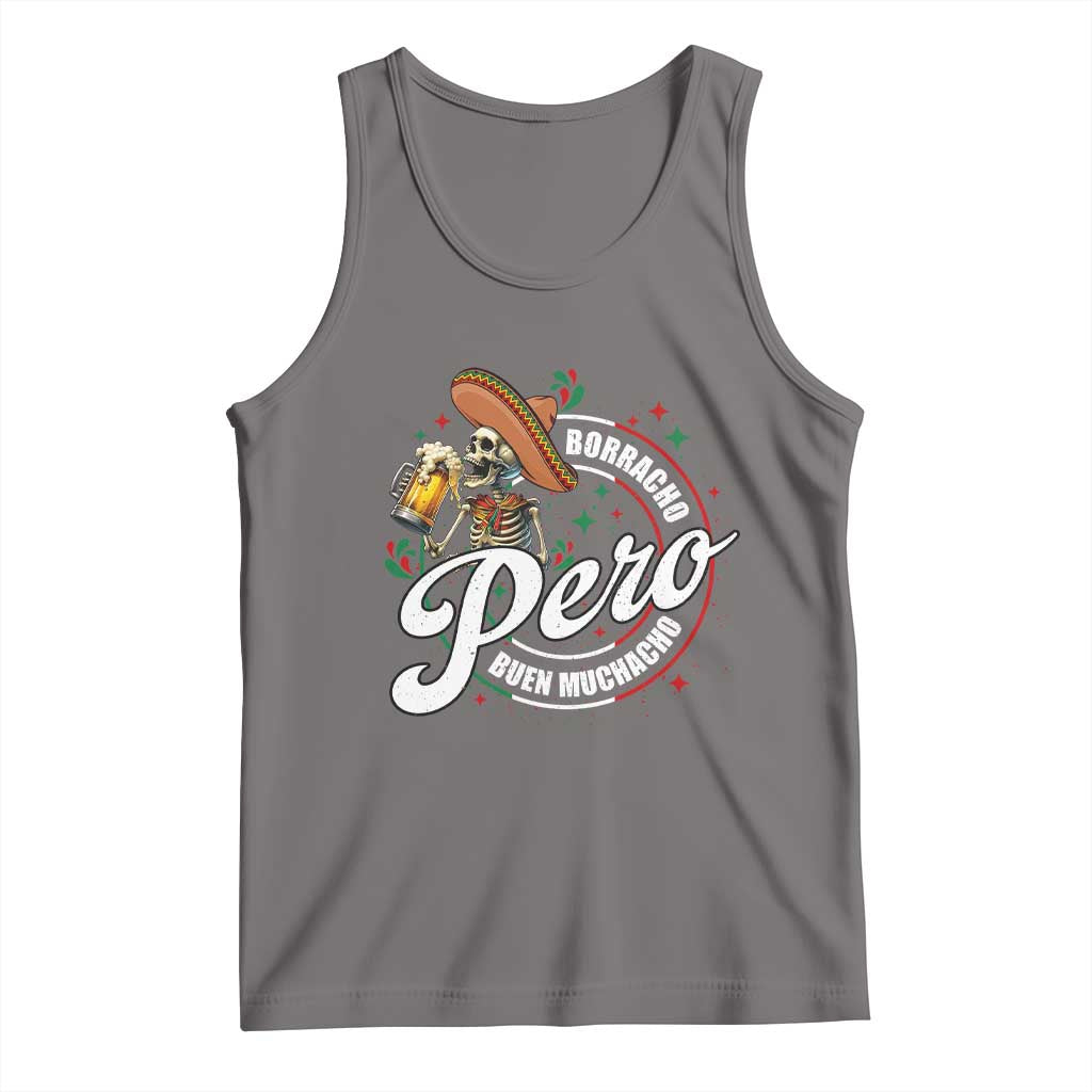 Dark gray sleeveless tank top with colorful skeleton and beer graphic at center