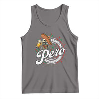 Dark gray sleeveless tank top with colorful skeleton and beer graphic at center