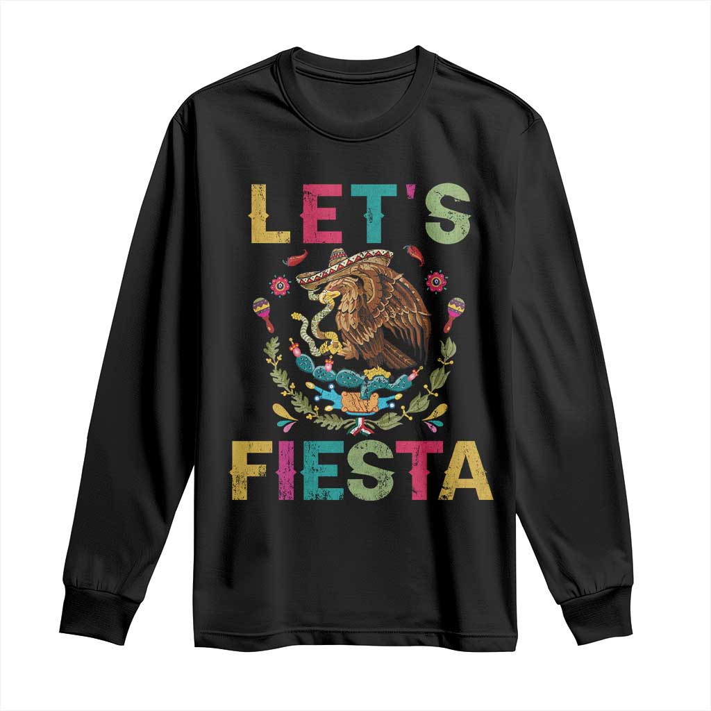 Funny Cinco De Mayo Long Sleeve Shirt Let's Fiesta Golden Eagle Mexico Flag
