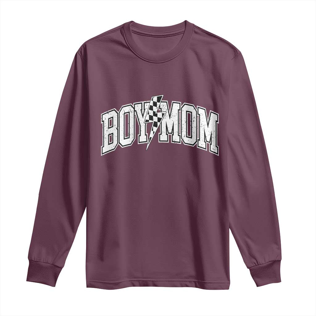 Boy Mom Lightning Bolt Checkered Varsity Son Mama Long Sleeve Shirt