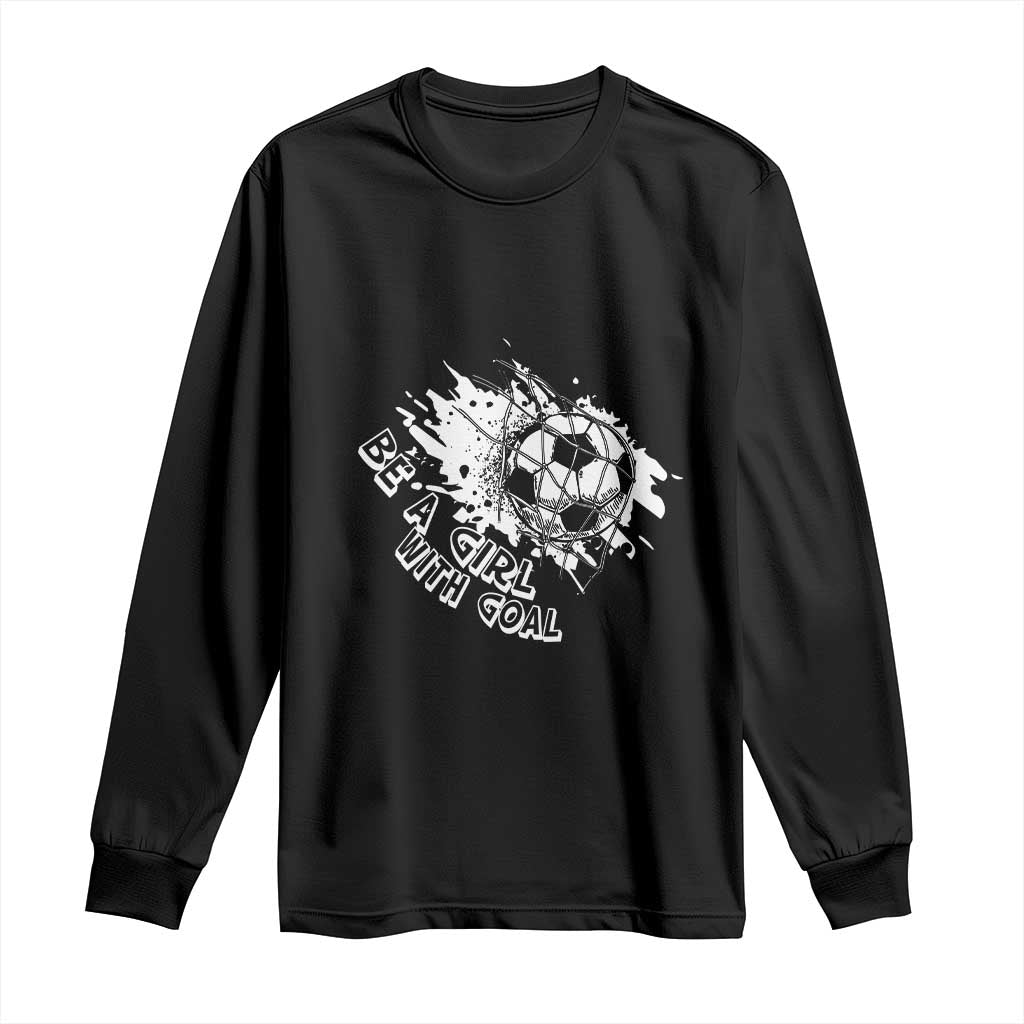 Black long-sleeve soccer shirt with soccer ball 'Girl With Goal' print