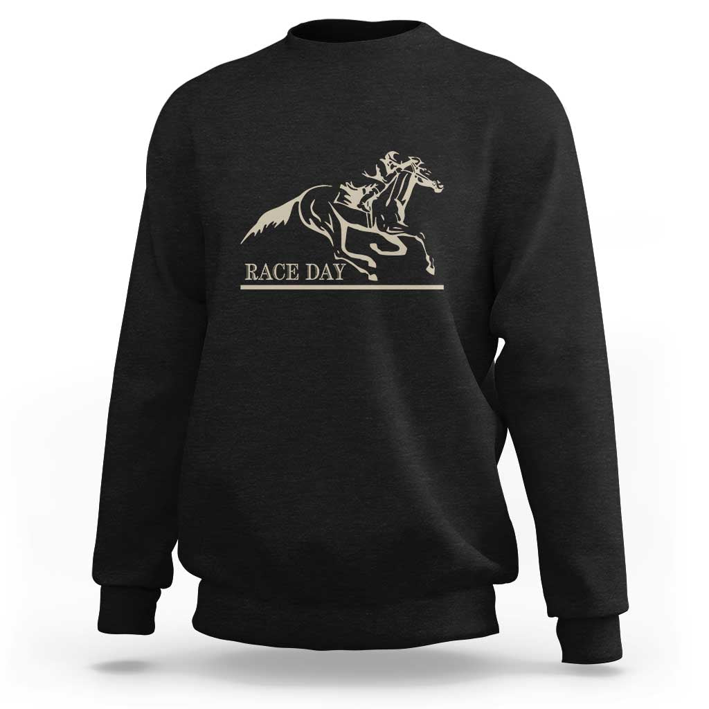 Black horse racing sweatshirt with race day horse jockey graphic on chest