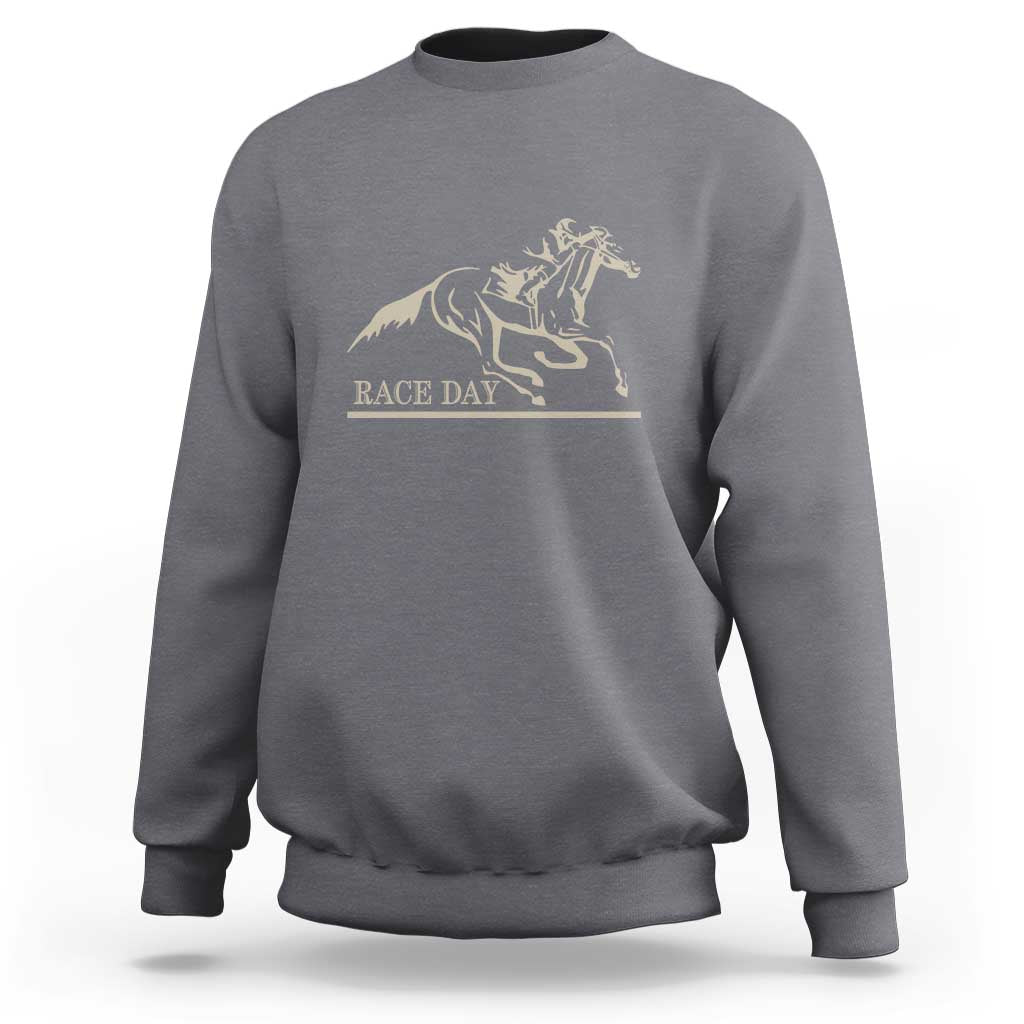 Gray heather horse racing sweatshirt with race day horse jockey graphic on chest