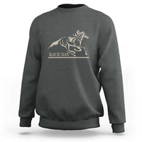 Charcoal gray horse racing sweatshirt with race day horse jockey graphic on chest