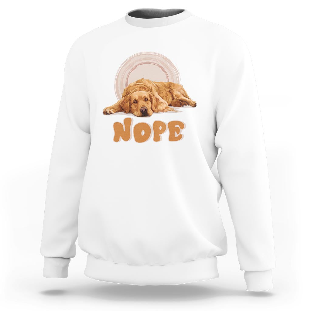 White crewneck sweatshirt with golden retriever 'NOPE' front graphic