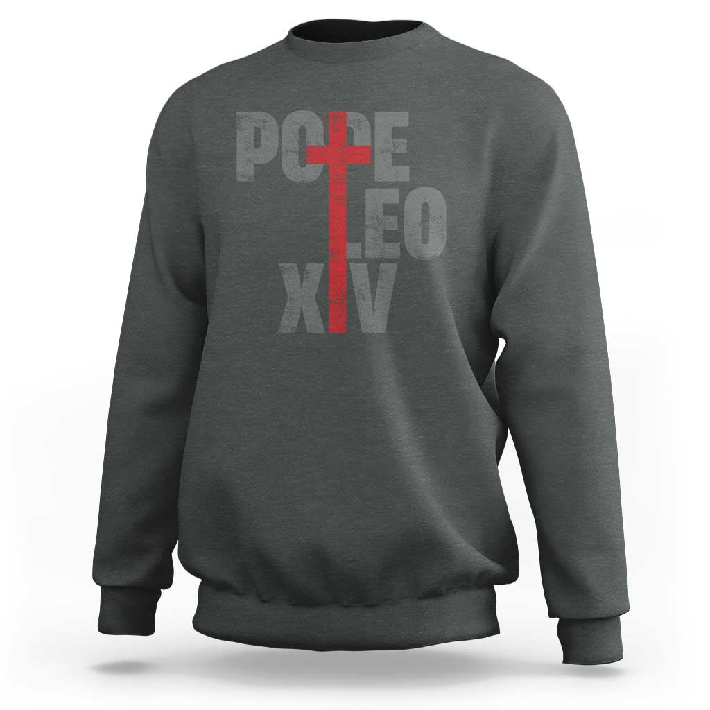 Men's charcoal sweatshirt with red cross graphic and Pope lettering on chest
