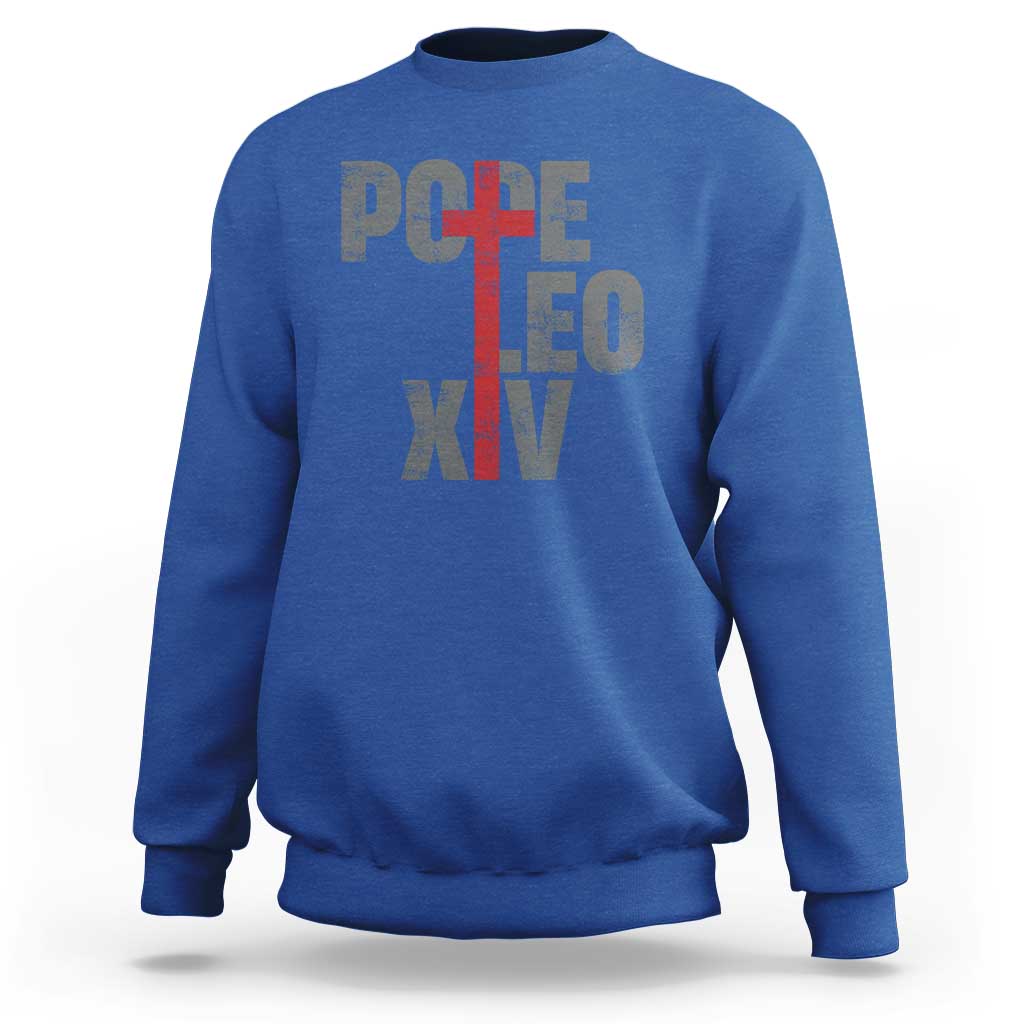 Men's royal blue sweatshirt with red cross graphic and Pope lettering on chest
