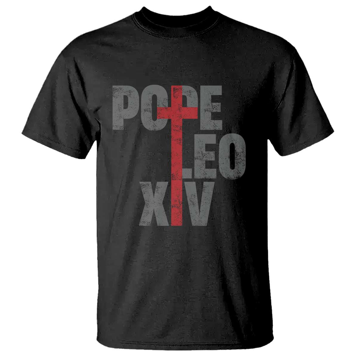 Men's black T-shirt with red cross and PCXE XIV graphic on front