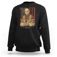 Black crewneck sweatshirt with pope portrait and American flag stars graphic on front