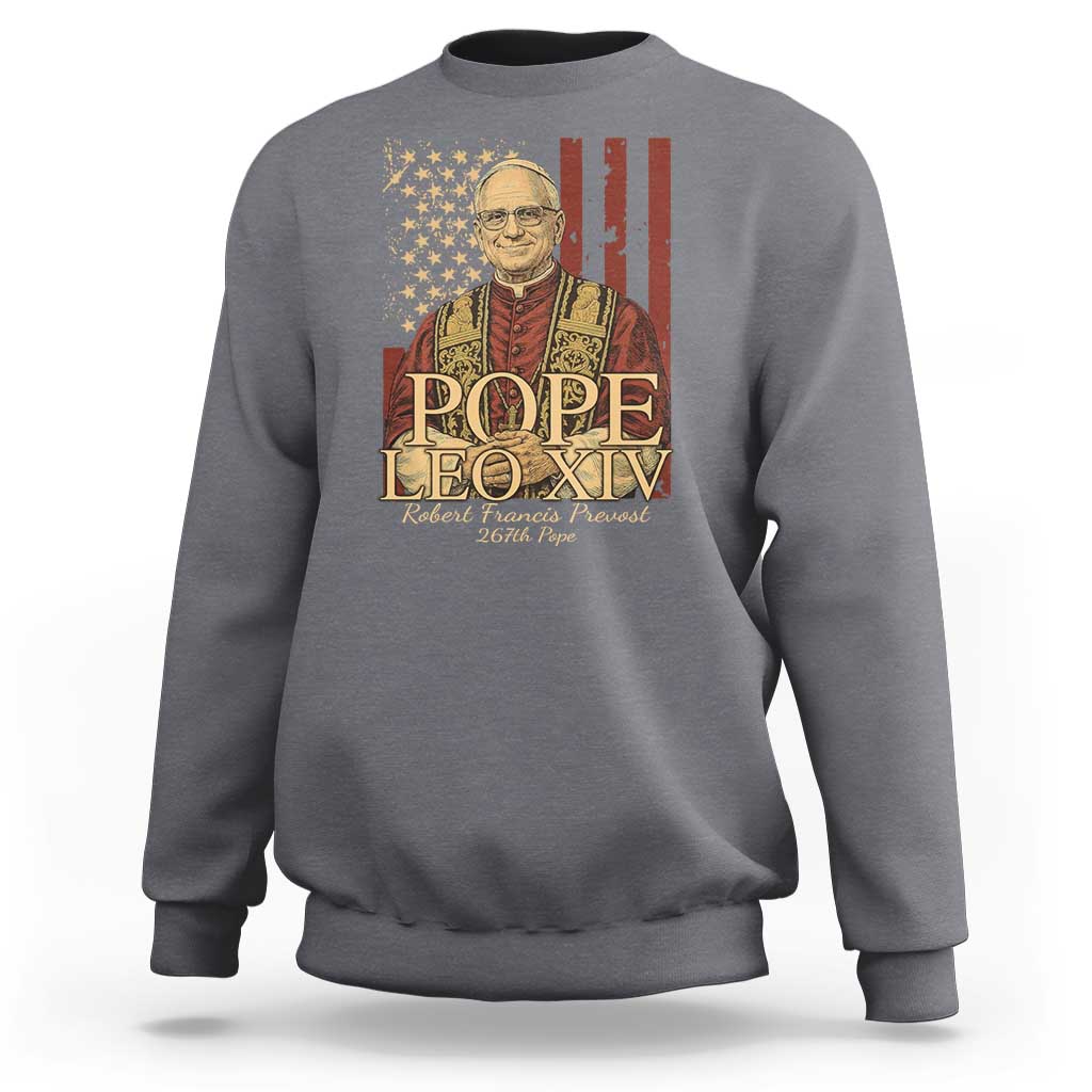 Dark heather crewneck sweatshirt with pope portrait and American flag stars graphic on front