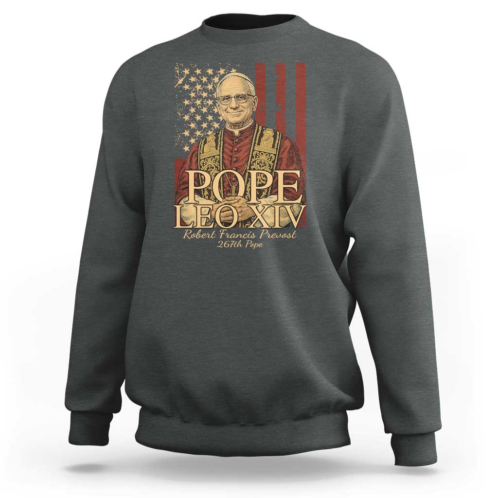 Charcoal crewneck sweatshirt with pope portrait and American flag stars graphic on front