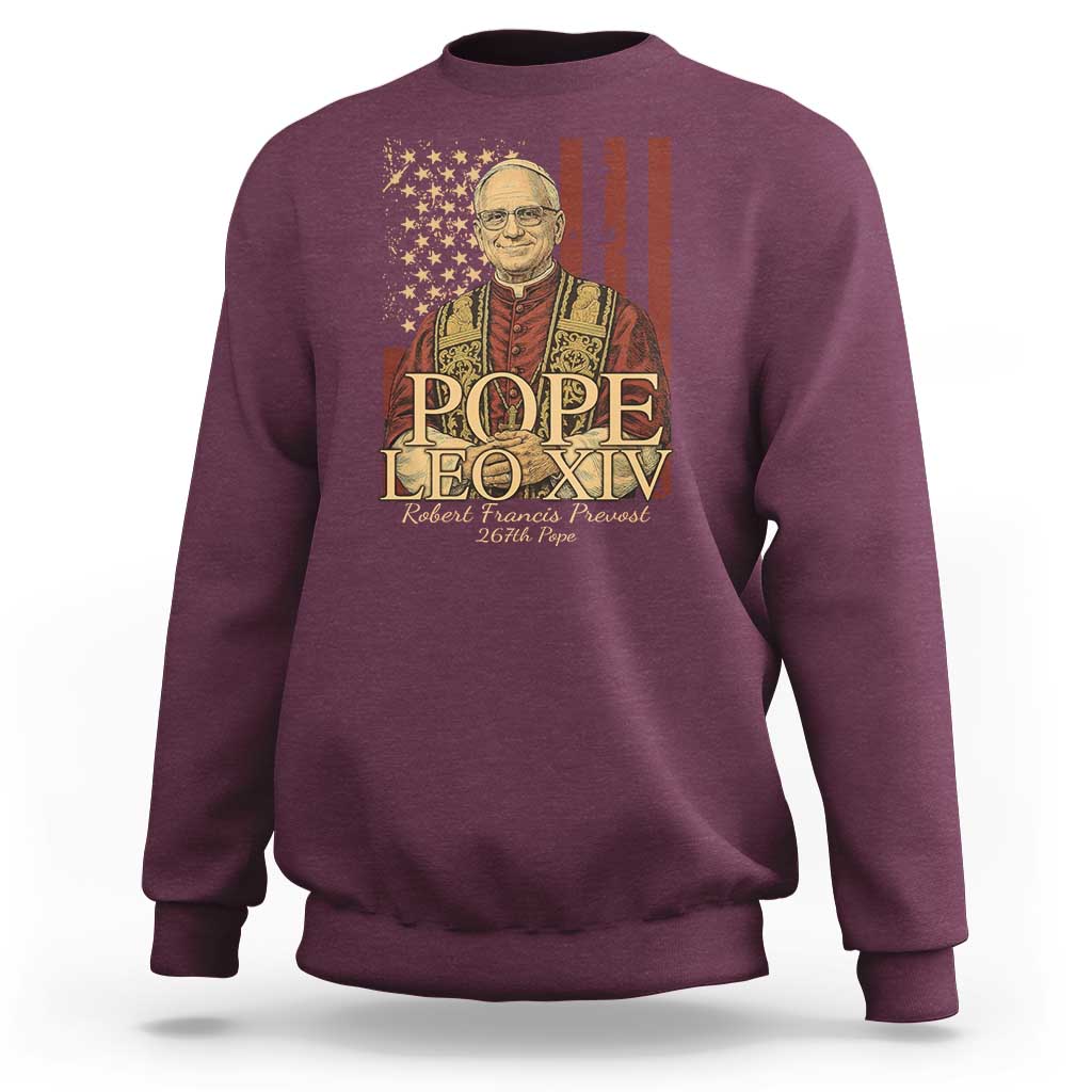 Maroon crewneck sweatshirt with pope portrait and American flag stars graphic on front