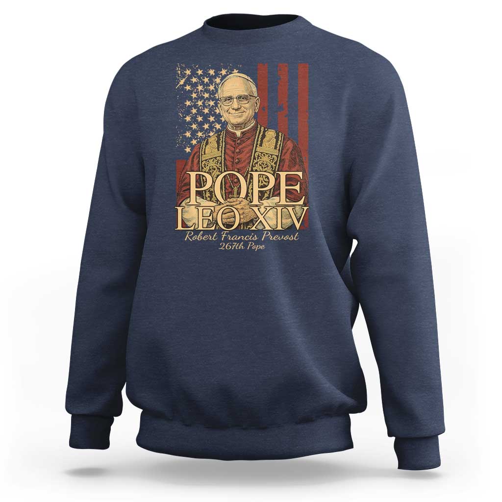 Navy crewneck sweatshirt with pope portrait and American flag stars graphic on front