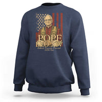 Navy crewneck sweatshirt with pope portrait and American flag stars graphic on front