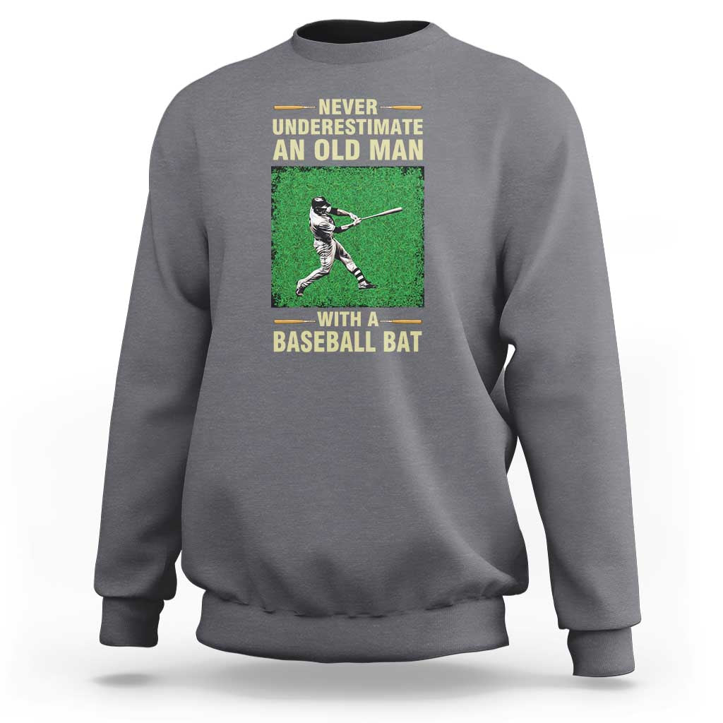 Charcoal gray men's baseball sweatshirt with back graphic of a baseball player holding a bat