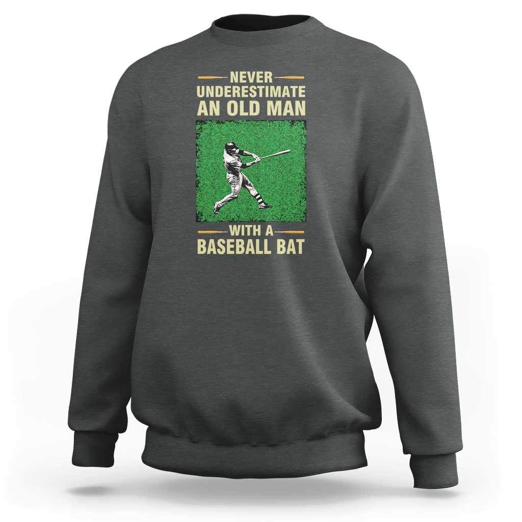 Dark heather gray men's baseball sweatshirt with back graphic of a baseball player holding a bat