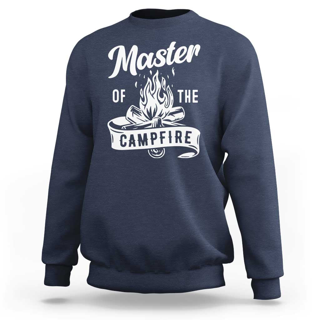 Navy crewneck sweatshirt with white campfire slogan graphic on the back